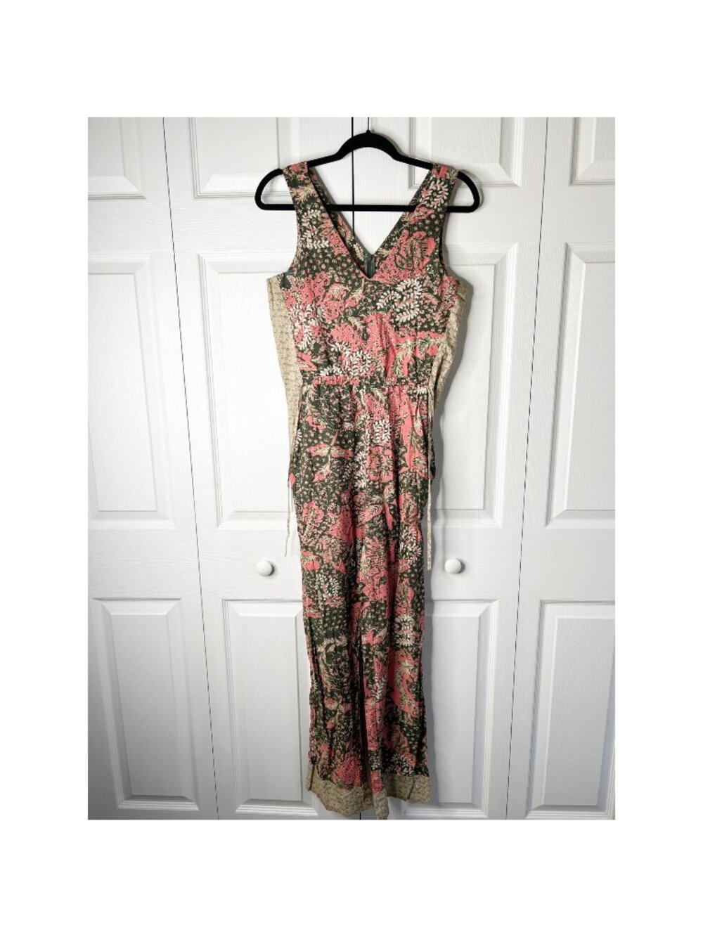 Warm Dark Green Pink Cream Floral V-Neck Jumpsuit Women's Size 1 Small S
